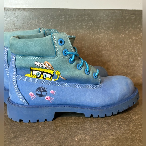 Timberland X SpongeBob SquarePants Nubuck Blue Leather Boots Boys 3 W 4.5 - Picture 3 of 13